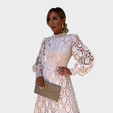 Danica - Čipkasta obleka s pufastimi rokavi in visokim ovratnikom