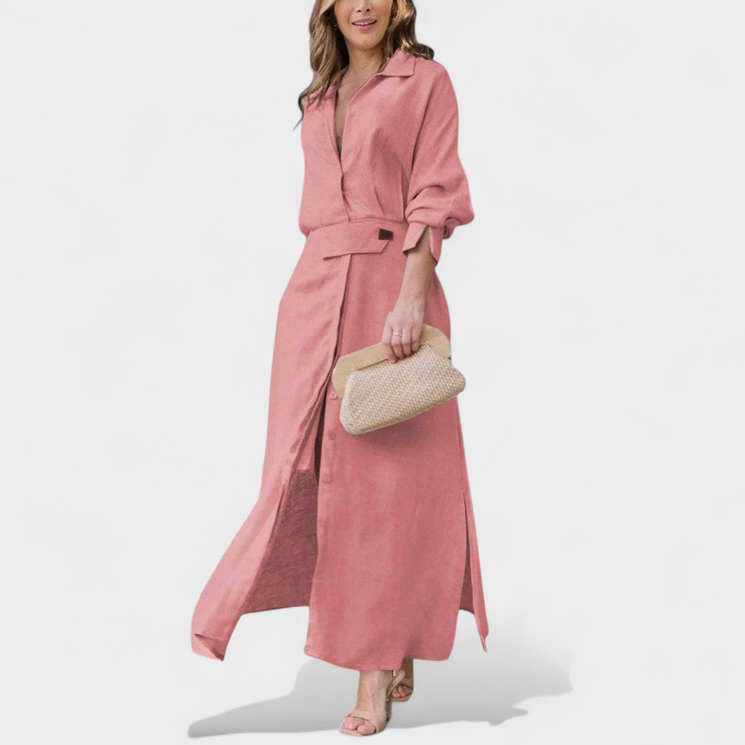 Gordana - Elegantna dolga obleka z V-izrezom za poseben dogodek.