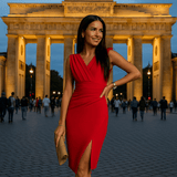 Brenda | Obleka, ki poudarja postavo, z V-izrezom in razporkom