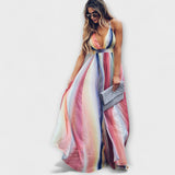 Večbarvna prugasta ženska obleka z V-izrezom