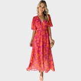 Ranka - Cvetna midi obleka z nabranimi rokavi in V-izrezom