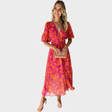 Ranka - Cvetna midi obleka z nabranimi rokavi in V-izrezom