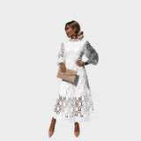 Danica - Čipkasta obleka s pufastimi rokavi in visokim ovratnikom