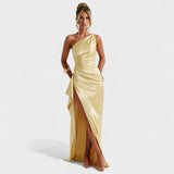 Ariel - Asymmetrical Satin Dress in Lemon