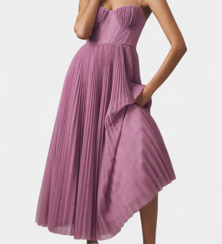 Nives - Plisirana šifonska obleka s srčastim dekoltejem in oblikovanim korzetom