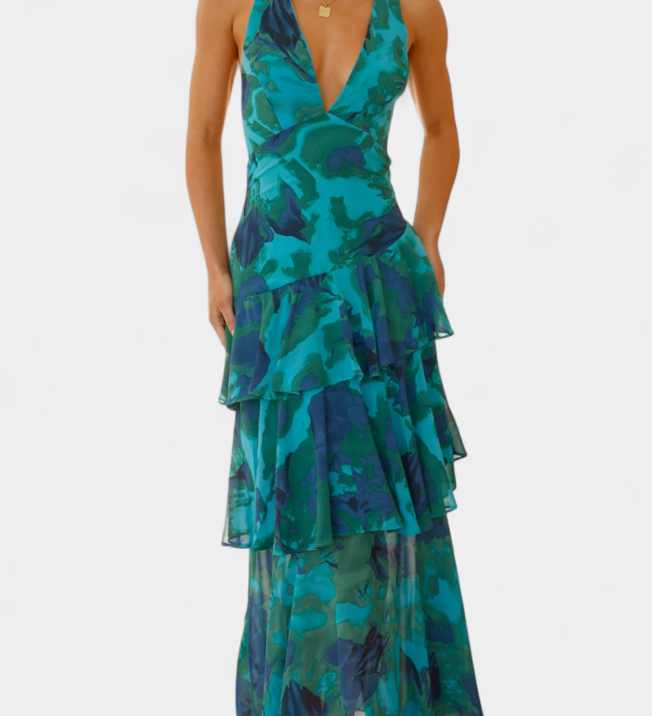 Valentina - Chiffon obleka z V-izrezom in elegantnimi rokavi