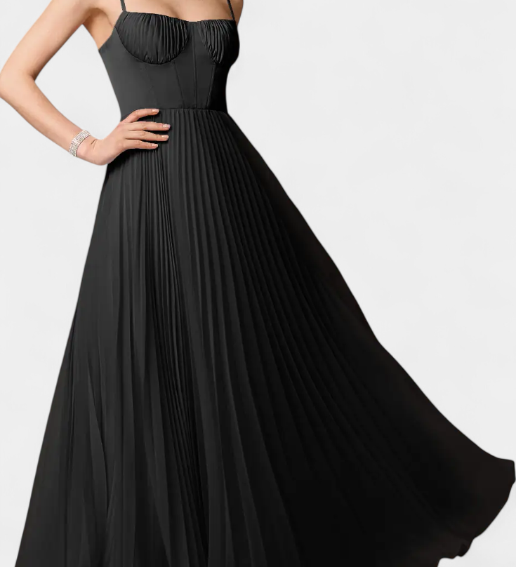 Nives - Plisirana šifonska obleka s srčastim dekoltejem in oblikovanim korzetom